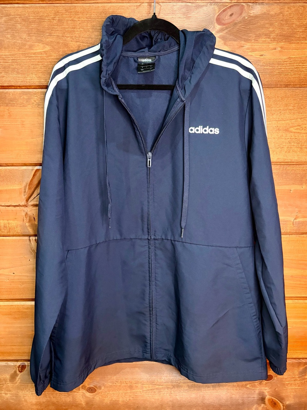 Adidas Men’s Large Essentials 3-Stripes Navy Hooded Windbreaker Jacket EUC 🖤